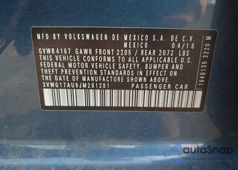 2018 Volkswagen Golf Tsi S/Tsi Se из США, поврежденный, VIN 3VWG17AU9JM281281